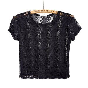 Antistar Womens Small Lace Crochet  Cropped Black T-Shirt Top Festival
